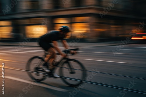 Night cycling in urban streets with motion blur effect, city cyclist, night riding cyclist.