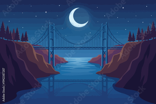 A serene night scene featuring a bridge illuminated by moonlight over calm waters, surrounded by trees and rocky cliffs, encapsulating tranquility and calmness in nature.