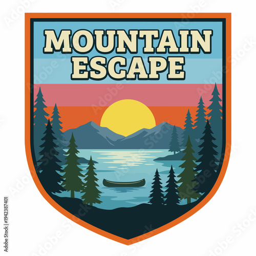 Immerse yourself in the serenity of this picturesque illustration featuring a tranquil lake surrounded by majestic mountains and reflecting the warm glow of the sunset.