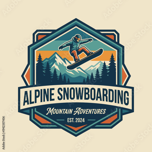 Experience the thrill of alpine snowboarding in this dynamic illustration showcasing a snowboarder mid-action against a breathtaking backdrop of snowy mountains and pine trees.