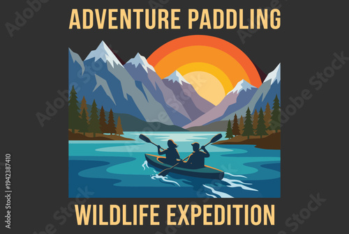 Join this beautiful expedition scene showcasing two paddlers navigating serene waters surrounded by mountains and the radiance of a sunset, highlighting the fusion of adventure and nature.