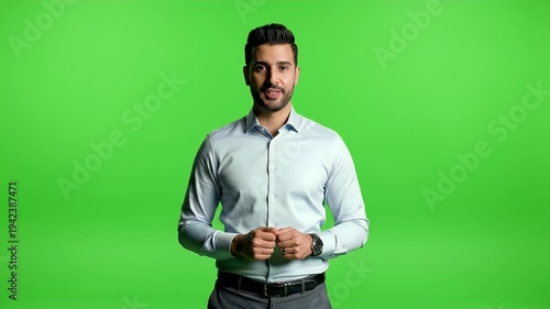 Man in light blue shirt gesturing excitedly against a vibrant green backdrop