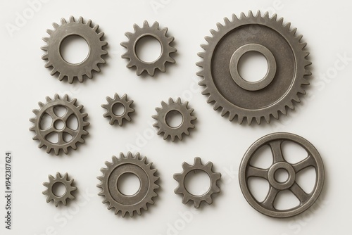 Various metallic gears and cogs are arranged on a clean white background. This collection symbolizes teamwork, precision, and intricate mechanical systems.