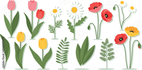 Set of 16 colorful flowers and leaves vector illustrations