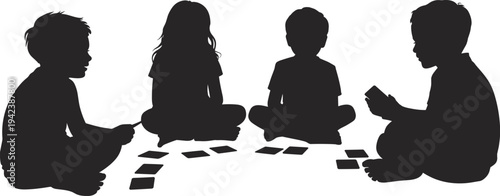 Children Playing Card Game Silhouette Flat Vector Illustration of Kids Sitting on Floor for Education School and Early Childhood Development Graphics