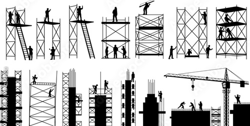 Construction Workers on Scaffolding Silhouettes Set, Builders with Crane on Site, Industrial Architecture Engineering Projects, Professional Development, Flat Vector Illustration