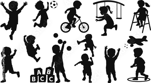 Children Playing Activities Silhouette Set Flat Vector Illustration of Kids Jumping Biking Swinging and Learning Blocks for Nursery Design Graphics