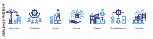 Enterprise Property web banner vector illustration featuring Construction, Contribution, Pension, Property, Company, Money Management, and Enterprise.