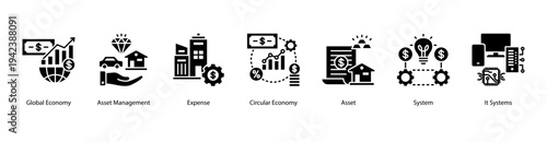 Global Assets web banner vector illustration featuring Global Economy, Asset Management, Expense, Circular Economy, Asset, System, and IT Systems.