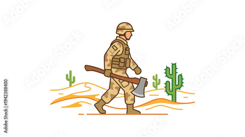 soldier walking through desert landscape with sharp axe in hand