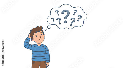 confused person with thought bubble and question marks for uncertainty