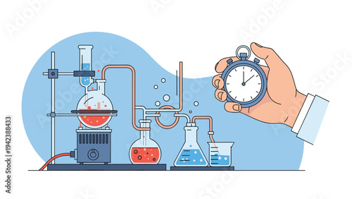 Laboratory experiment setup with glass flasks and chemical reactions being timed by a hand holding a stopwatch in a science concept.