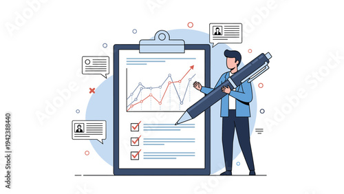 Business analyst reviewing data on a large clipboard with a giant pen showing growth charts and checklist for project evaluation.