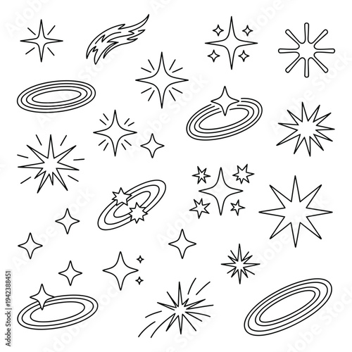 Collection of stylized space elements, stars, comets and nebulae, vector graphics in linear style on a transparent background