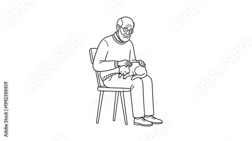 Old man petting cat
