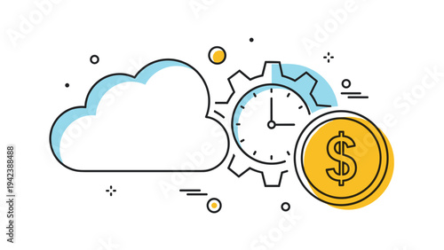 Cloud computing and time management concept showing a cloud icon with a gear clock and financial coin symbol for business efficiency.