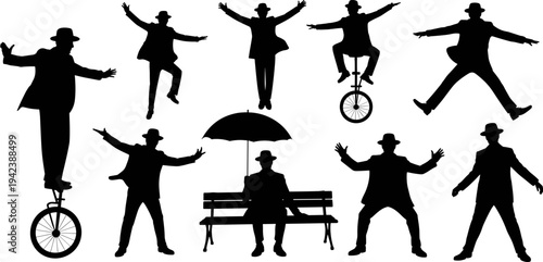 Vintage Performer Silhouette Set Flat Vector Illustration of Man in Hat Unicycle Riding Jumping and Sitting for Circus Entertainment Graphics
