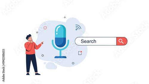 Person thinking and pointing at a microphone icon and a search bar for voice search and speech recognition technology concept.