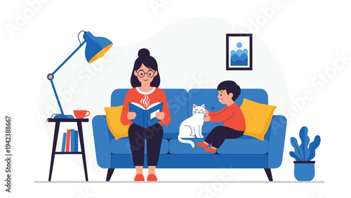 Mother reading a book to her young son on a blue sofa with their white cat sitting between them in a cozy living room setting.