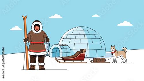 Inuit fisherman standing on ice with a caught fish and skis next to an igloo and a sled dog in an arctic landscape illustration.