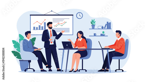 Male executive delivering a data presentation to seated colleagues in a modern office setting using a whiteboard.