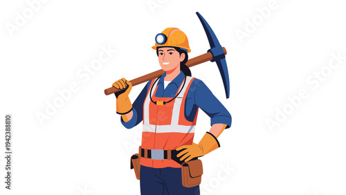 Female industrial miner wearing protective gear and carrying a pickaxe on her shoulder for heavy duty manual work.