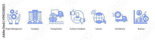 Company and Business Operation web banner featuring Project Management, Company, Transportation, Customer Feedback, Internet, Fast Delivery, and Business.