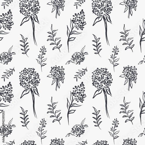 Hand drawn botanical greenery flower seamless pattern quirky imperfect rough scribble sketch for fabric, wallpaper, wrapping paper