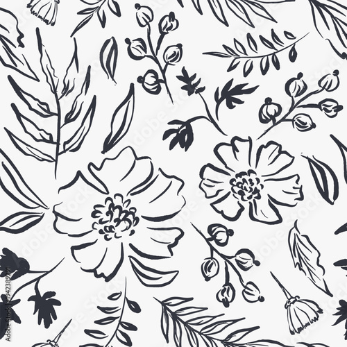 Hand drawn botanical greenery flower seamless pattern quirky imperfect rough scribble sketch for fabric, wallpaper, wrapping paper