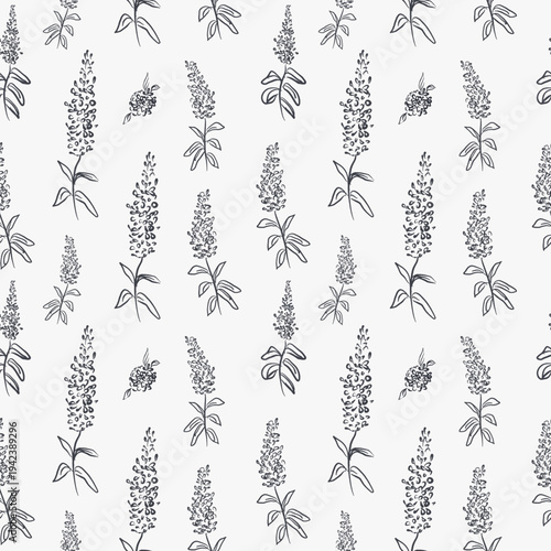 Hand drawn botanical greenery flower seamless pattern quirky imperfect rough scribble sketch for fabric, wallpaper, wrapping paper