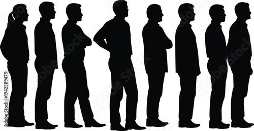 People standing in queue silhouettes side view, men and woman waiting line crowd isolated black vector illustration set