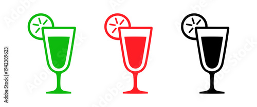 Colorful cocktail glasses with lime wedges icons set