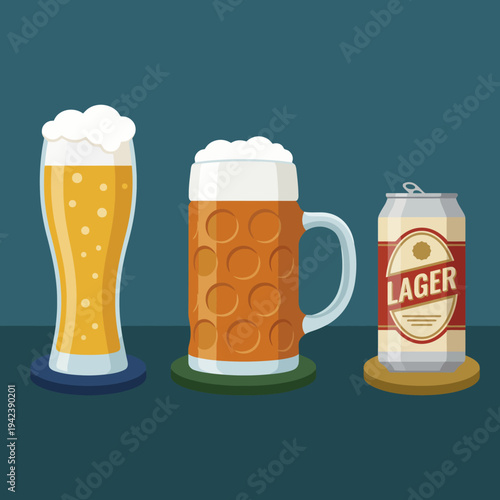 An illustrated collection of different types of beer, showcasing glasses and cans, perfect for breweries and pubs celebrating their beverage offerings during social gatherings.