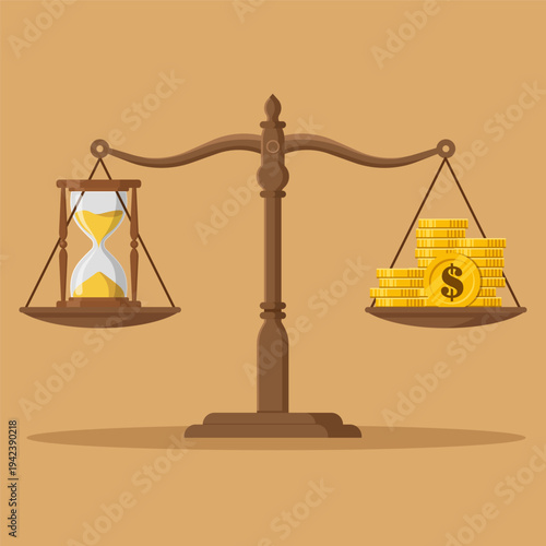 Time is money concept with hourglass and gold coins on balance scale flat vector illustration.