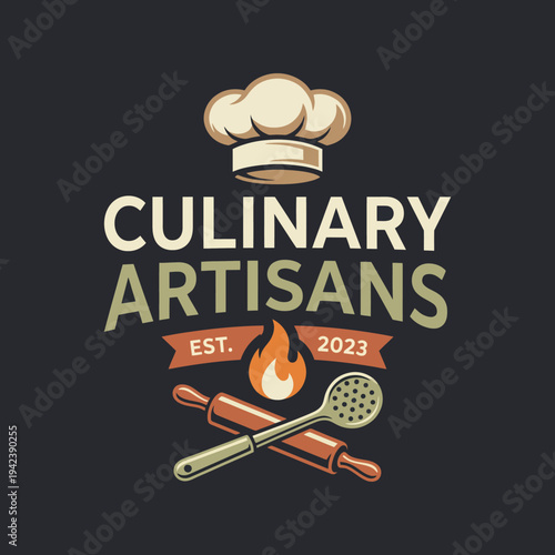 This logo features a chef's hat, rolling pin, and flame, symbolizing culinary arts, offering a vibrant design for a culinary brand established in 2023.