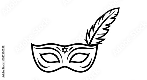 A black and white drawing of a masquerade mask with a feather