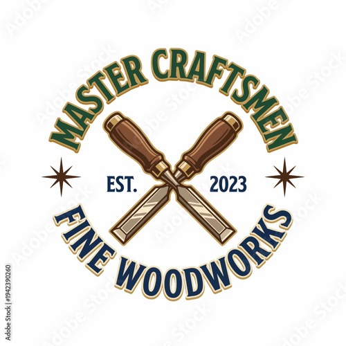 This logo showcases crossed chisels and a professional design theme, representing the master craftsmanship in fine woodwork established in 2023.
