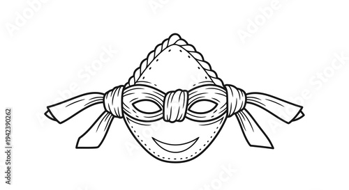 A black and white drawing of a smiling mask
