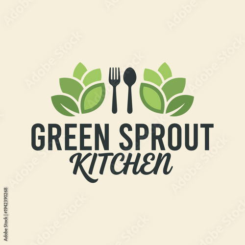 This logo design emphasizes freshness with green sprouts, a fork, and spoon, symbolizing health-conscious kitchen practices and inviting culinary creativity in meal preparation.