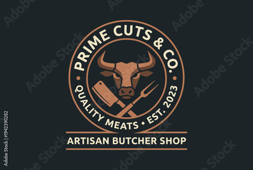 This logo represents a butcher shop with an ox emblem and classic butcher tools, promoting quality meats and artisan butchering since 2023.