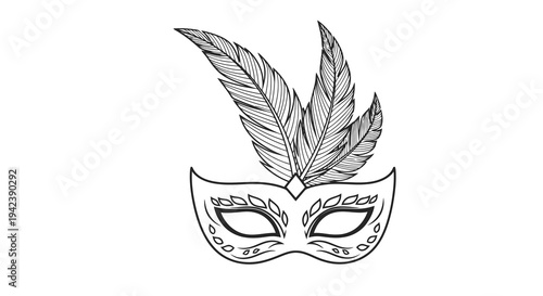 A black and white drawing of a masquerade mask with feathers