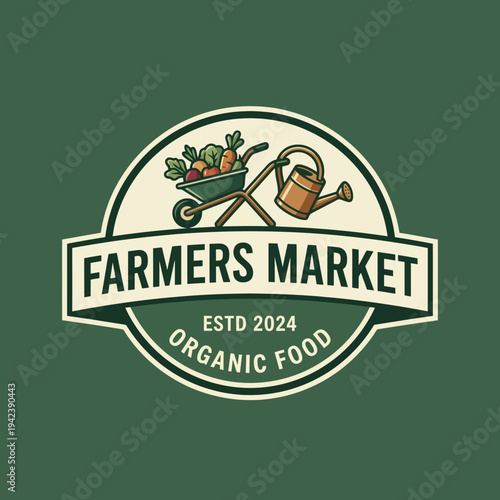 This logo for a Farmers Market features a wheelbarrow with fresh produce, capturing the essence of organic food and the vibrant community surrounding local agriculture.