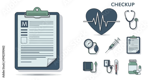 Medical health icons and tools with a clipboard on transparent background silhouette