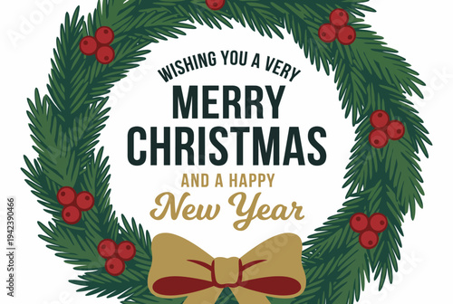 This festive wreath surrounds a cheerful greeting wishing everyone a Merry Christmas and a Happy New Year, perfect for holiday-themed greetings and decor.