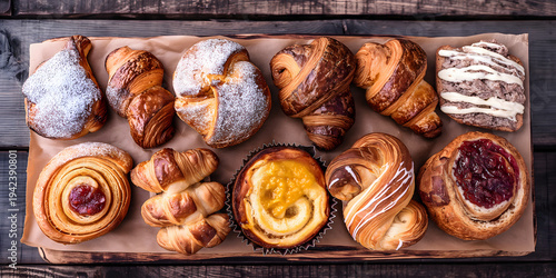 Professional Overhead Food Photography of Assorted Danish Pastries and Croissants with Jam, Cinnamon Rolls and Glazed Buns on Wooden Board