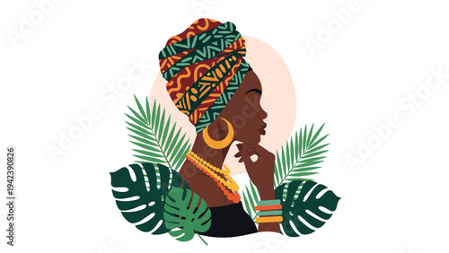 Profile of a black woman wearing a traditional headwrap and gold jewelry with tropical monstera and palm leaves in a stylish artistic illustration.