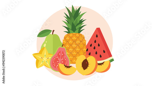 Composition of various fresh tropical fruits including pineapple, watermelon, guava, and starfruit arranged in a vibrant and healthy still life setup.