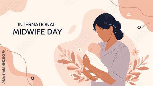 Commemorative illustration for international midwife day showing a caring midwife gently holding a newborn baby wrapped in a soft white cloth at work.