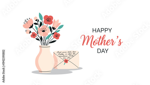 Beautiful floral arrangement in a vase next to a handwritten letter for a heartfelt happy mothers day greeting card or seasonal promotional banner.