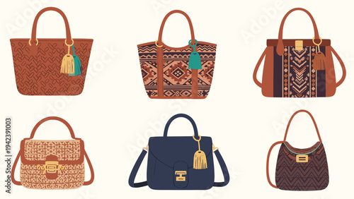 Collection of stylish handbags for women featuring diverse patterns and colors like bohemian, ethnic, and modern designs for a fashion catalog.